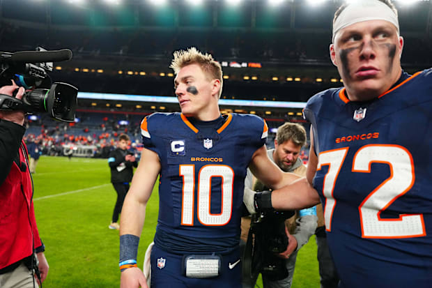  Denver Broncos quarterback Bo Nix (10) and offensive tackle Garett Bolles 