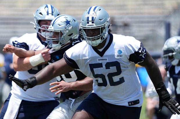 Dallas Cowboys guard Tyler Booker during training camp at the River Ridge Fields in Oxnard, California. Dallas Cowboys guard Tyler Booker during training camp at the River Ridge Fields in Oxnard, California.
