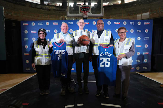 LA Clippers President of Business Operations Gillian Zucker, LA Clippers owner Steve Ballmer, NBA commissioner Adam Silver