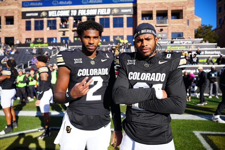 Colorado Buffaloes quarterback Shedeur Sanders and safety Shilo Sanders before a game against the Oklahoma State Cowboys.