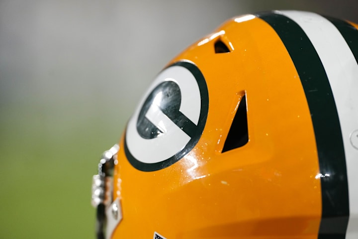 General view of a Green Bay Packers helmet during the game against the Miami Dolphins at Lambeau Field. 