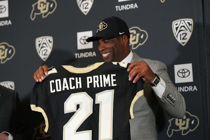 Colorado Buffaloes head coach Deion Sanders during a press conference at the Arrow Touchdown Club. 