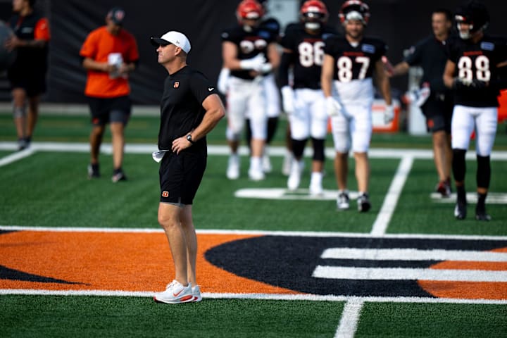 Cincinnati Bengals head coach Zac Taylor looks on during Bengals Camp practice at Paycor Stadium.
