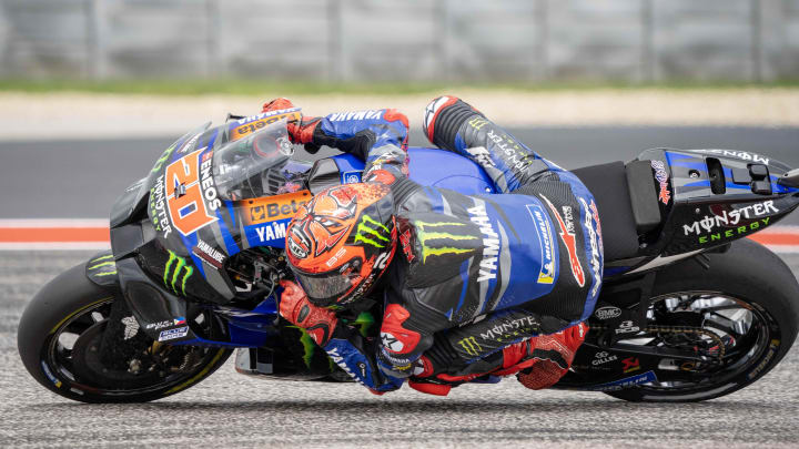 Apr 14, 2023; Austin, TX, USA; Fabio Quartararo (20) of France and Monster Energy Yamaha MotoGP Team rounds turn 11 during the MotoGP second free practice at Circuit of the Americas. Mandatory Credit: Dustin Safranek-USA TODAY Sports