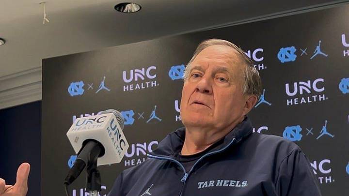 UNC football coach Bill Belichick during a press conference ahead of the Tar Heels' first spring practice on Tuesday, March 24, 2026.