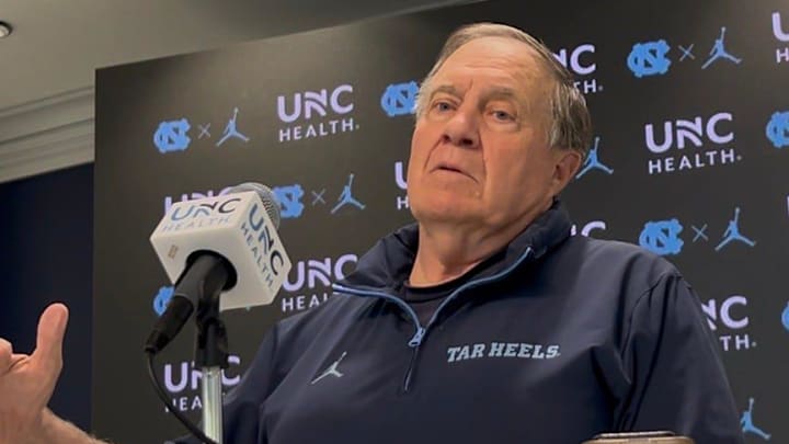 UNC football coach Bill Belichick during a press conference ahead of the Tar Heels' first spring practice on Tuesday, March 24, 2026.