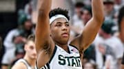 Michigan State's Jeremy Fears Jr. gets the crowd louder before a Duke free throw during the second half on Saturday, Dec. 6, 2025, at the Breslin Center in East Lansing.