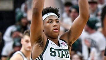 Michigan State's Jeremy Fears Jr. gets the crowd louder before a Duke free throw during the second half on Saturday, Dec. 6, 2025, at the Breslin Center in East Lansing.
