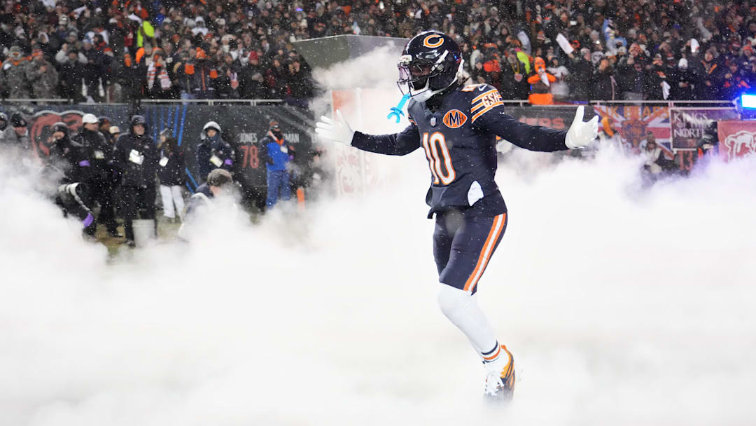 Jan 18, 2026; Chicago, IL, USA; Chicago Bears wide receiver Luther Burden III (10) runs onto the field during player introductions before an NFC Divisional Round game against the Los Angeles Rams at Soldier Field. Mandatory Credit: David Banks-Imagn Images