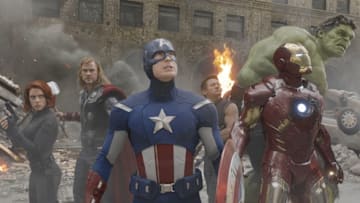 Scarlett Johansson, Chris Hemsworth, Chris Evans, Jeremy Renner, Mark Ruffalo, and Robert Downey Jr. in The Avengers (2012) ©Marvel 2012