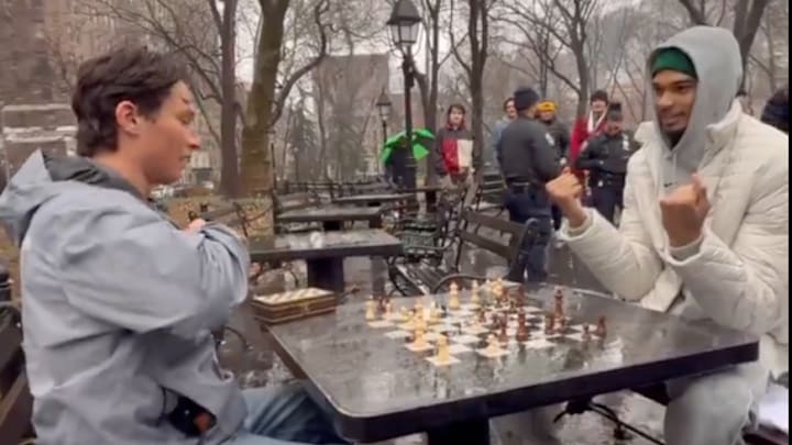 Victor Wembanyama plays chess in New York City.