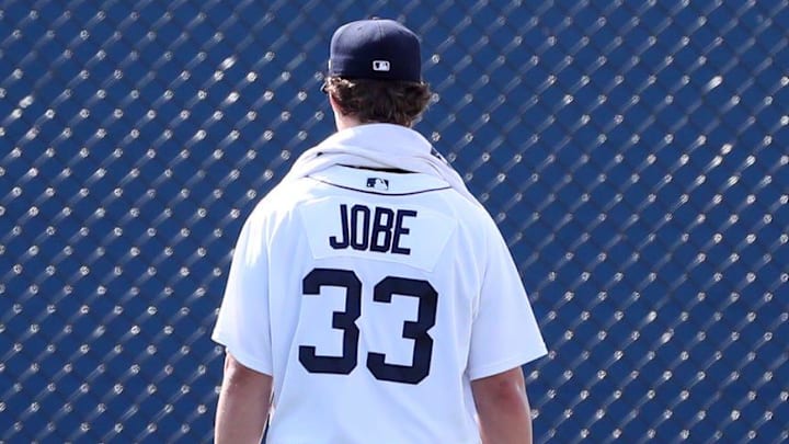 Detroit Tigers pitching prospect Jackson Jobe walks to the outfield after throwing live batting practice during spring training Minor League minicamp Wednesday, Feb. 23, 2022 at Tiger Town in Lakeland