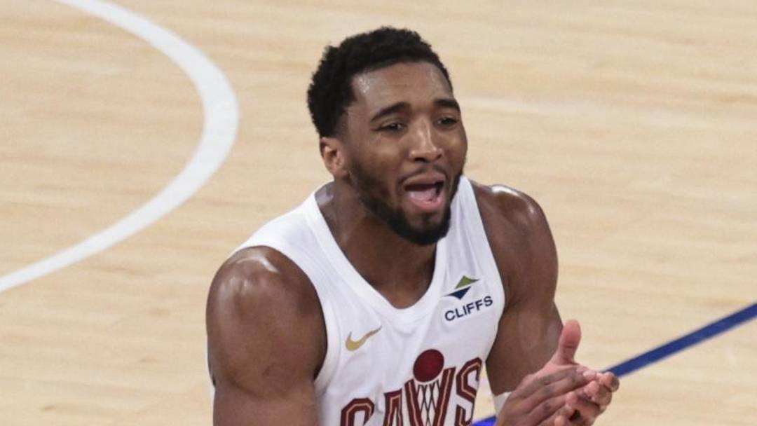 May 21, 2026; New York, New York, USA; Cleveland Cavaliers guard Donovan Mitchell (45) reacts after being called for a foul as New York Knicks forward Og Anunoby (8) looks on during the fourth quarter of game two of the eastern conference finals of the 2026 NBA playoffs at Madison Square Garden. Mandatory Credit: Vincent Carchietta-Imagn Images May 21, 2026; New York, New York, USA; Cleveland Cavaliers guard Donovan Mitchell (45) reacts after being called for a foul as New York Knicks forward Og Anunoby (8) looks on during the fourth quarter of game two of the eastern conference finals of the 2026 NBA playoffs at Madison Square Garden. Mandatory Credit: Vincent Carchietta-Imagn Images