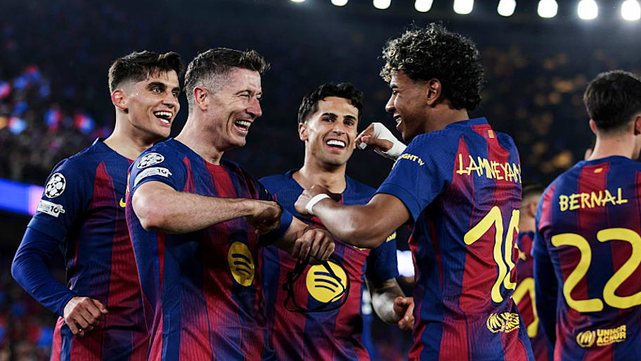 Barcelona players celebrating.