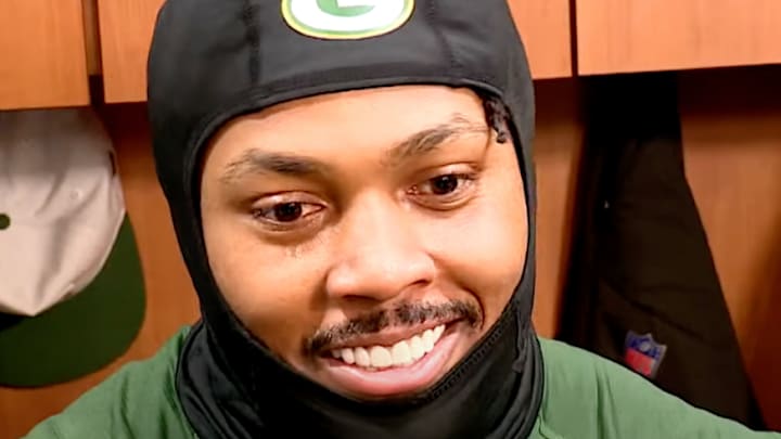 Green Bay Packers running back Josh Jacobs speaks to the media from the club's locker room at Lambeau Field following a 30-17 win over the Miami Dolphins on November 28, 2024. 
