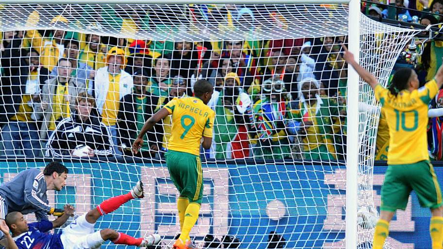 South Africa scores against France at the World Cup in 2010.