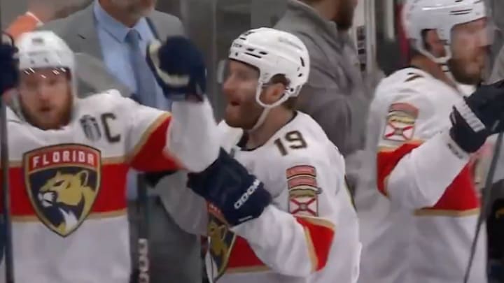 Tkachuk (#19) could not believe Marchand's second goal of the night. Tkachuk (#19) could not believe Marchand's second goal of the night.