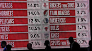 May 12, 2025; Chicago, Illinois, US; Representitives of the NBA teams walk onto the stage during the 2025 NBA Draft Lottery at McCormick Place. Mandatory Credit: David Banks-Imagn Images