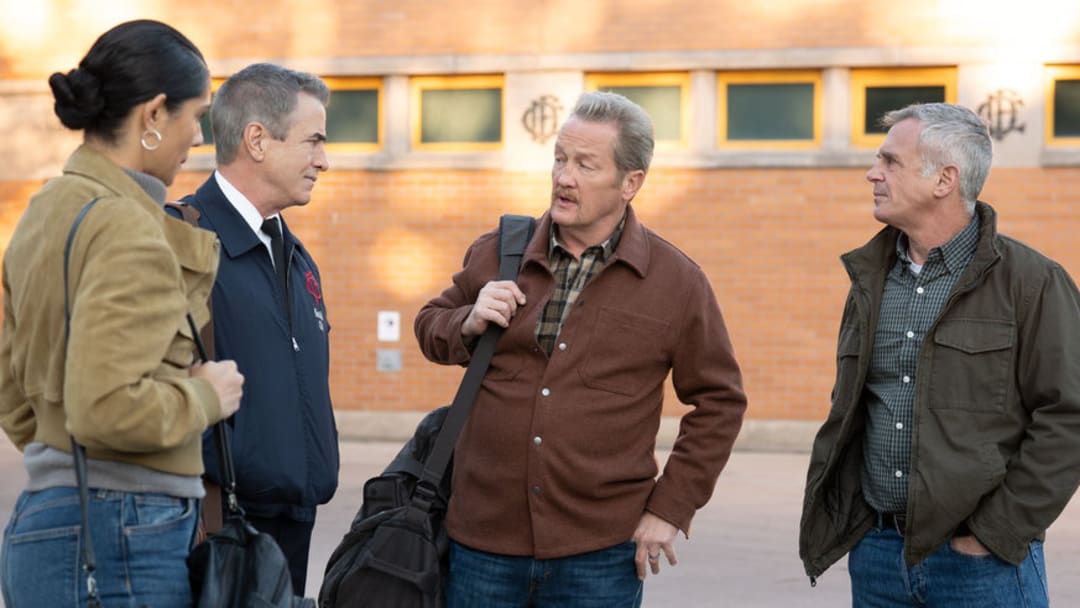 CHICAGO FIRE -- "Crime of Passion" Episode 1409 -- Pictured: (l-r) Miranda Rae Mayo as Stella Kidd, Dermot Mulroney as Dom Pascal, Christian Stolte as Randall Mouch McHolland, David Eigenberg as Christopher Herrmann 