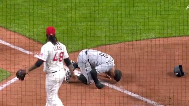 Chicago White Sox OF Mike Tauchman injures himself trying to score the tying run against the Cleveland Guardians.