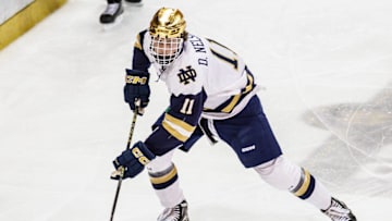 Notre Dame forward Danny Nelson (11) skates with the puck during the Michigan State-Notre Dame NCAA hockey game on Friday, February 02, 2024, at Compton Family Ice Arena in South Bend, Indiana.