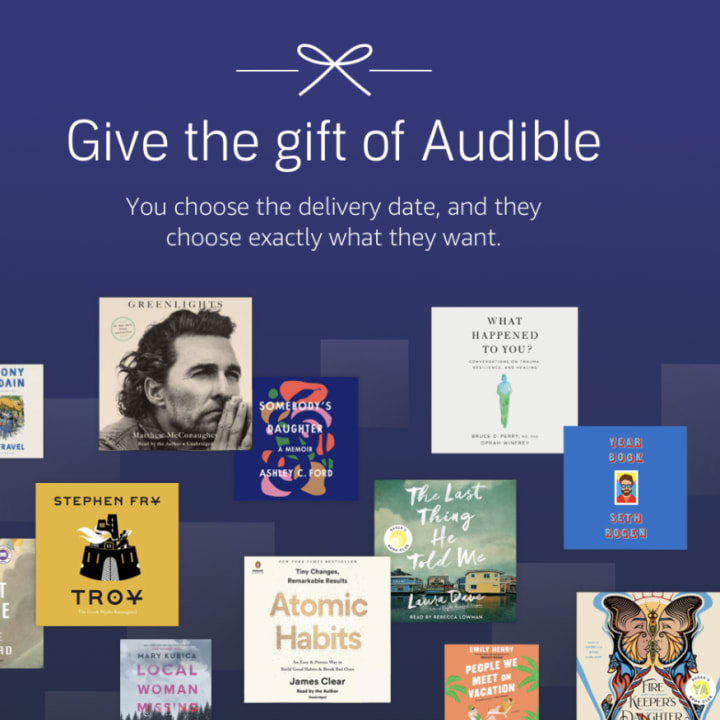 A great gift for insomniacs is an Audible membership, pictured here with bestsellers. 