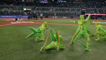 A group of people in cricket costumes throw the ceremonial first pitch before the Toronto Blue Jays game against the San Diego Padres. 
