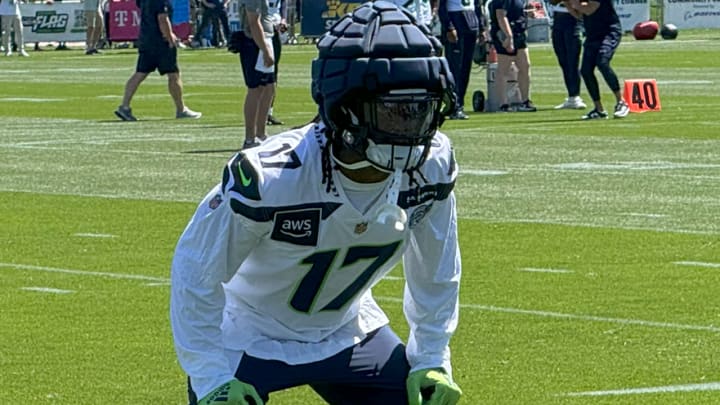 Seattle Seahawks linebacker Jerome Baker in his stance during a drill at the first training camp practice.