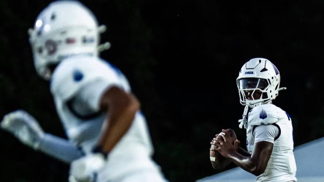 IMG Academy quarterback Jaylen Wade looks for an open receiver during the Ascenders' game against The First Academy of Orlando last week. He passed for 162 yards and three touchdowns to rally No. 1-ranked IMG to a 48-27 victory.