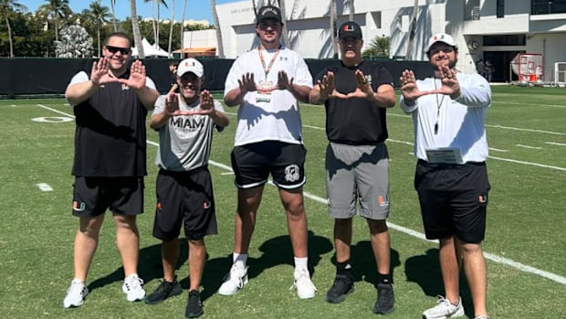 Five-star offensive tackle Jackson Cantwell on a visit to Miami with Mario Cristobal and others