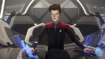 “Terror Firma” --EP#105 -- Kate Mulgrew as Janeway in Star Trek: Prodigy streaming on PARAMOUNT+. Photo: Nickelodeon/Paramount+ ©2021 VIACOM INTERNATIONAL. All Rights Reserved.