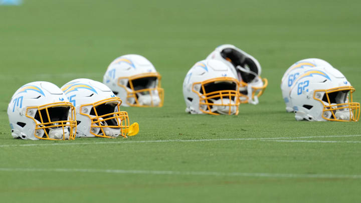 Jun 13, 2023; Costa Mesa, CA, USA; Los Angeles Chargers helmets during minicamp at the Hoag Performance Center. Mandatory Credit: Kirby Lee-Imagn Images Jun 13, 2023; Costa Mesa, CA, USA; Los Angeles Chargers helmets during minicamp at the Hoag Performance Center. Mandatory Credit: Kirby Lee-Imagn Images