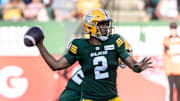 Edmonton Elks quarterback Tre Ford (2) makes the throw against the Hamilton Tiger-Cats during second half CFL action in Edmonton, Sunday, July 28, 2024. (Jason Franson/Canadian Press)