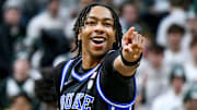 Duke's Isaiah Evans taunts the Izzone late in the second half in the game against Michigan State on Saturday, Dec. 6, 2025, at the Breslin Center in East Lansing.
