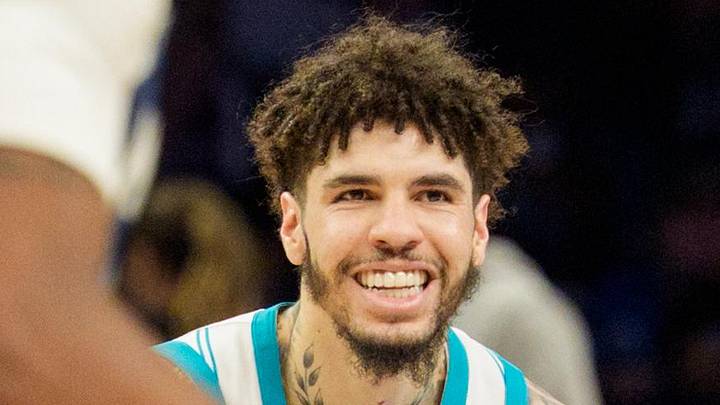 Apr 5, 2026; Minneapolis, Minnesota, USA; Charlotte Hornets guard LaMelo Ball (1)reacts to something on the court in the third quarter of the game against the Charlotte Hornets at Target Center. Mandatory Credit: Matt Blewett-Imagn Images