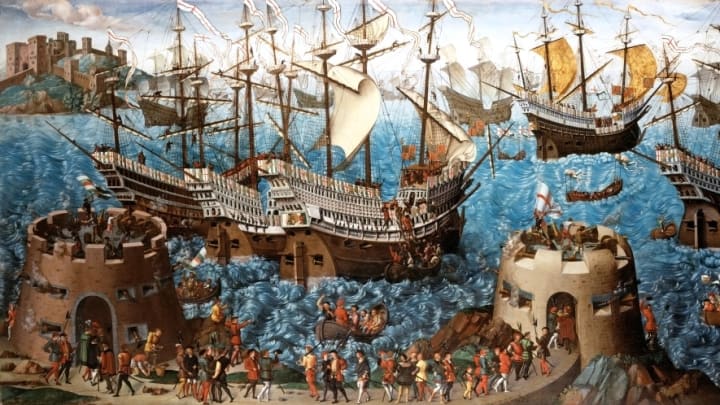 ‘The Embarkation of Henry VIII,’ a 1520s painting of the Tudor navy.