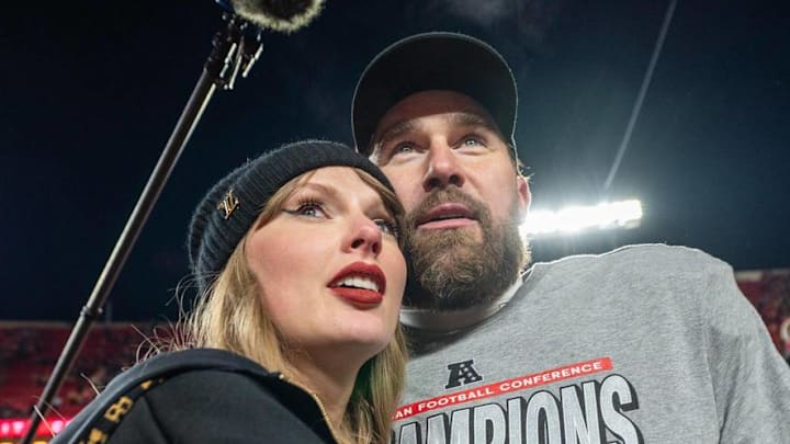 Travis Kelce and Taylor Swift after a game