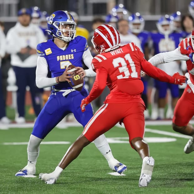 Mater Dei's Nasir Wyatt rushes the QB against Junipero Serra in the CIF State Open Division final on Dec. 12, 2023.