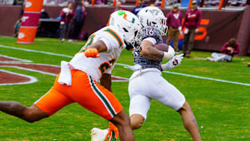 Nov 22, 2025; Blacksburg, Va.; Virginia Tech running back Jeffrey Overton (16) runs in for the touchdown against Miami.