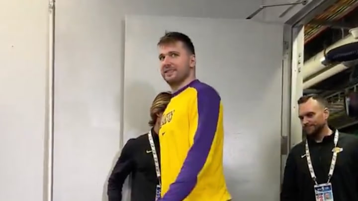 Luka Doncic reacts to seeing the media after the Lakers beat the Mavericks.