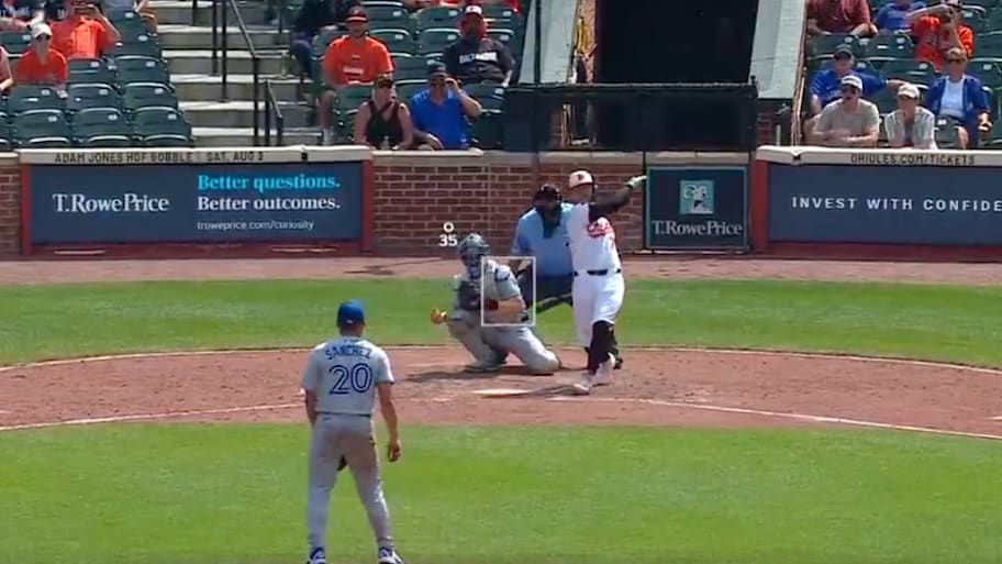 Blue Jays position player Ali Sanchez strikes out Orioles catcher Alex Jackson with a 35 mph eephus. | Screenshot via MLB on X