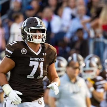 Rowan Ahrens, offensive tackle for the Brunswick School Bruins this season. Ahrens is a Harvard football commit.