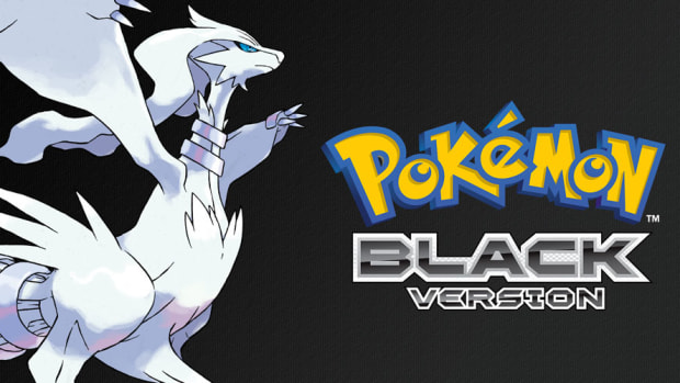 The logo for Pokemon Black against a black background with Reshiram next to it