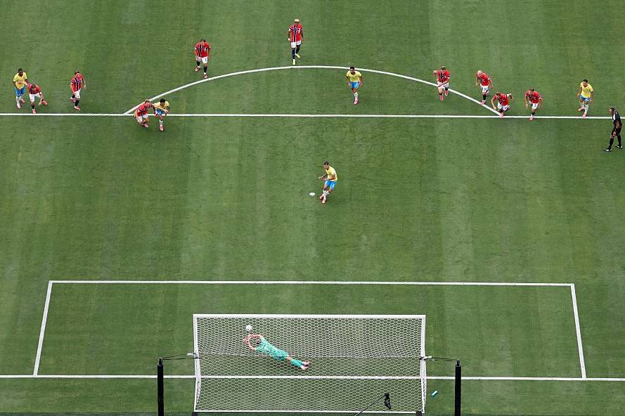 Bruno Guimãres misses a penalty for Brazil at the World Cup.
