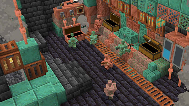 A bunch of Copper Golems wandering around a factory organizing items into chests.