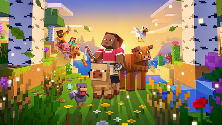 A Minecraft player riding a pig while different variants of farm animals stand around in a flowery birch forest.