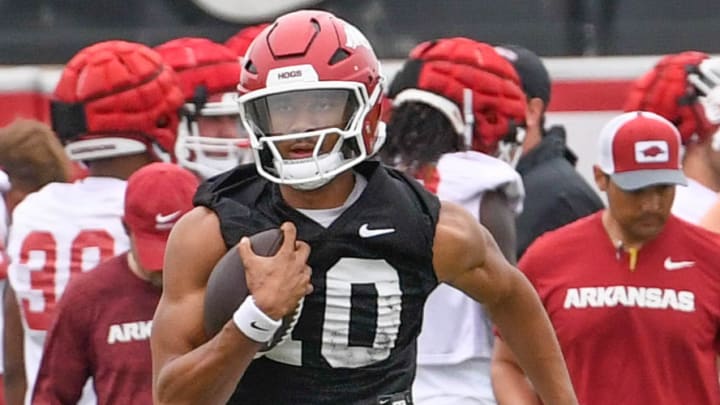 Arkansas Razorbacks quarterback Taylen Green running during drills at fall camp in Fayetteville, Ark.