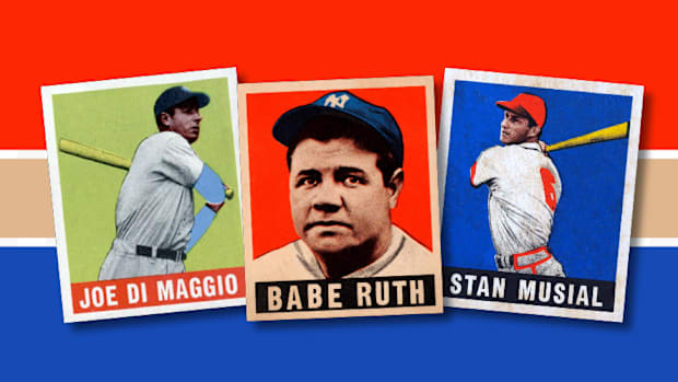 Leaf cards of Joe DiMaggio, Babe Ruth, and Stan Musial