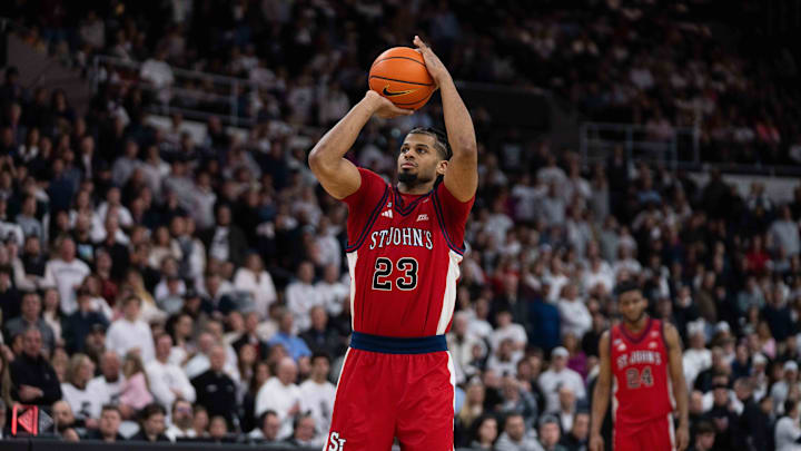Feb 14, 2026; Providence, Rhode Island, USA; St. John’s basketball forward/guard Bryce Hopkins (23) shoots during the second half of the game against the Providence College Friars at Amica Mutual Pavilion.
