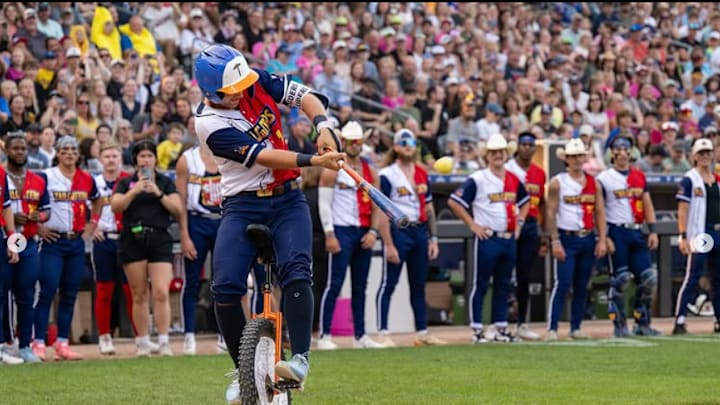 Jonathan Luders Hits First Unicycle hit in Banana Ball History at CHS Field against the Party Animals.